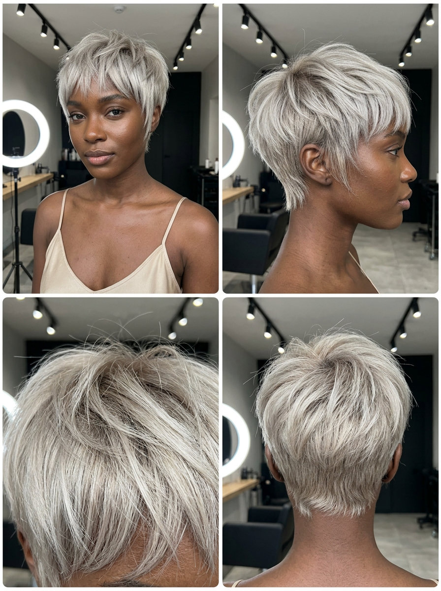 short textured pixie haircut in cool ash blonde with silver undertones, razored layers, wispy fringe — edgy festival style