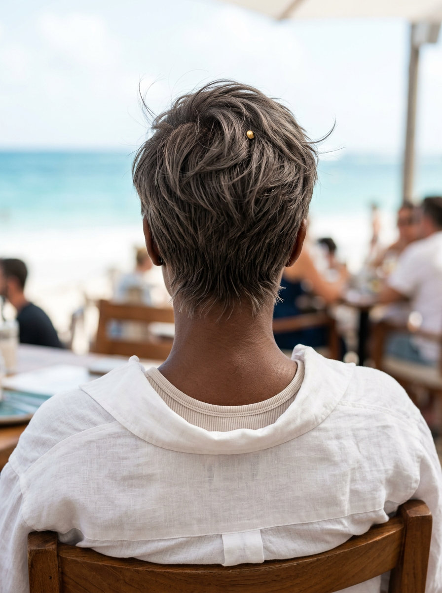 short ash blonde textured pixie with tousled definition, no fringe — cool effortless look
