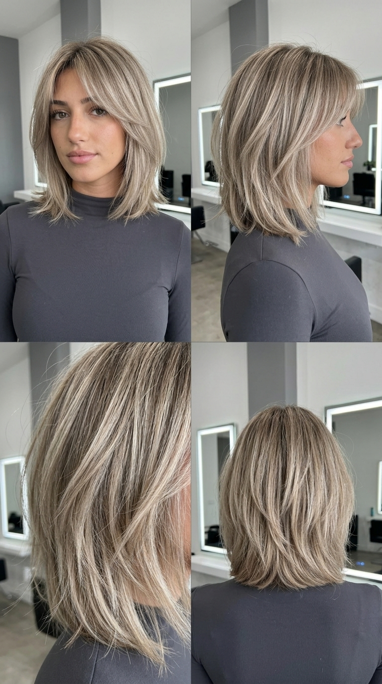 short shag in ash blonde with beige lowlights, smoky root, wispy fringe — minimalist modern style