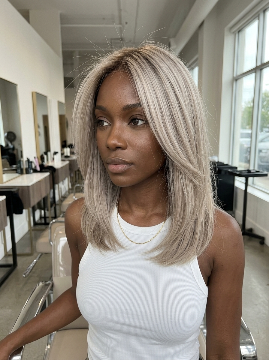 shoulder-length blunt midi ash blonde shadow root with cool ash blonde, root smudge, sophisticated mood