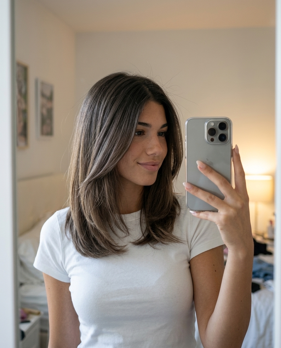 Ashy Mushroom Brown Root Melt 2026 long layered brunette with dark ash brown to mushroom brown melt, root smudge, cool summer hair color