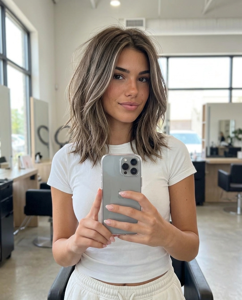 medium lob haircut with ash brown, cool blonde babylights, razored texture — edgy rebellious look