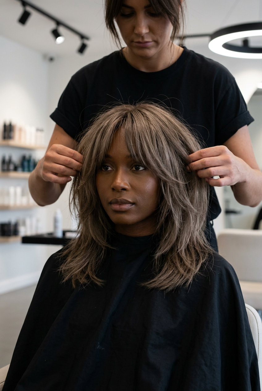 mid-length shag with ash brown color and curtain bangs for playful looks