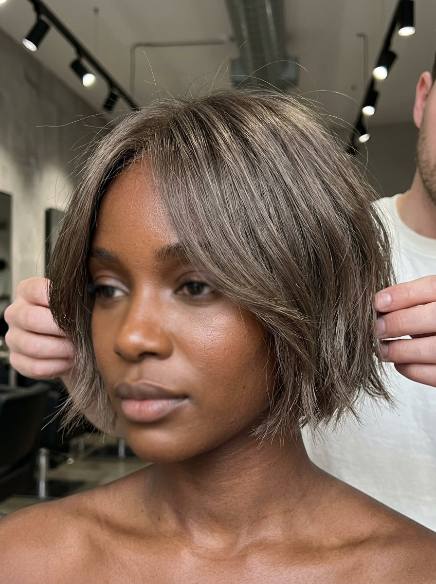 short french bob haircut in cool ash brown with mushroom taupe, choppy textured perimeter, wispy fringe — edgy weekend look