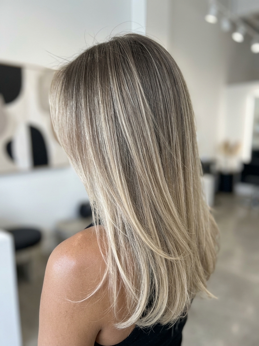 long ash brown shadow root ombre with creamy blonde ends, subtle melt for summer