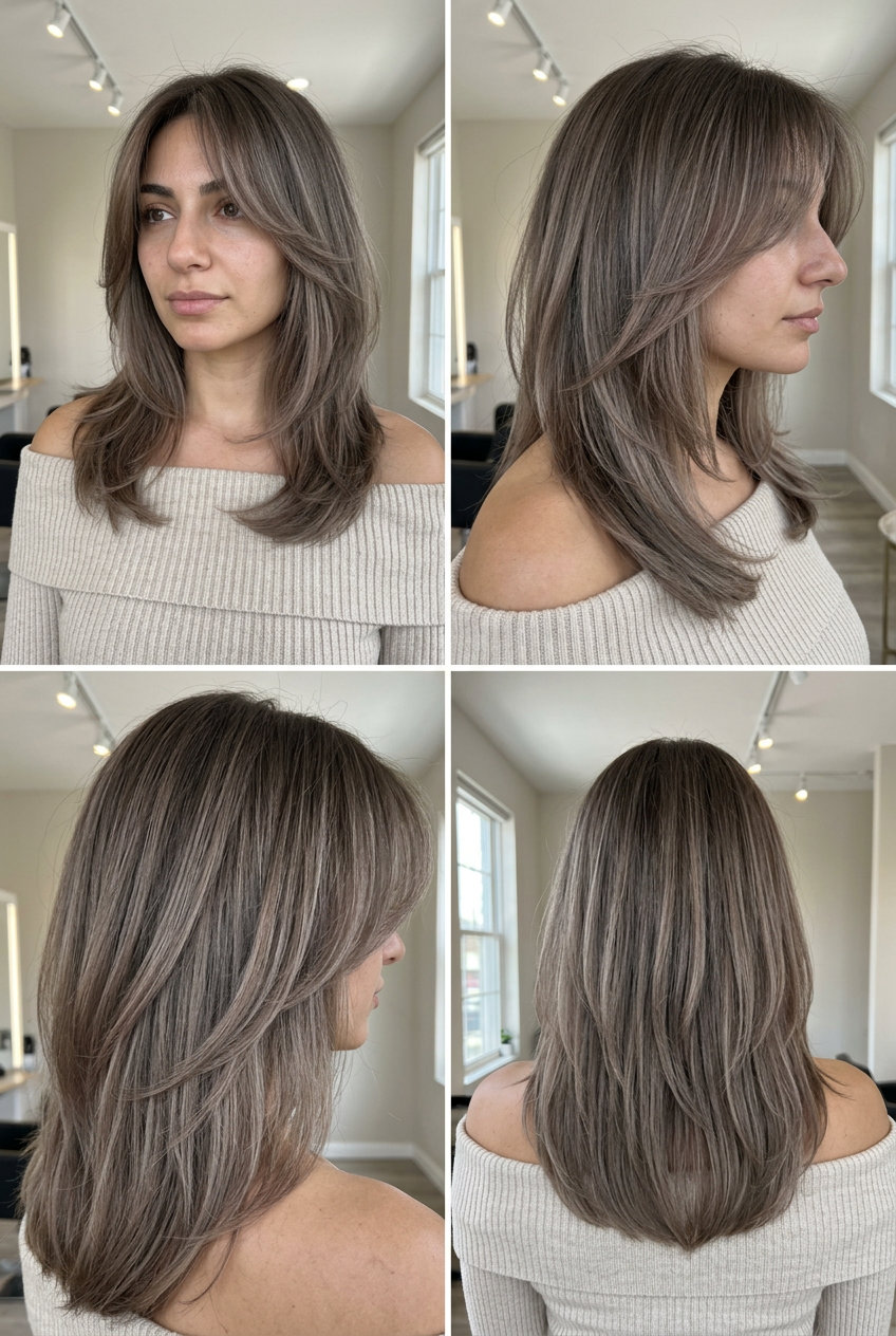 shoulder-length layered butterfly haircut in cool ash brown with taupe balayage for daily wear