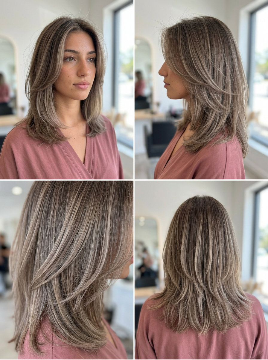 shoulder-length layered butterfly haircut in ash brown with taupe blonde for casual outings