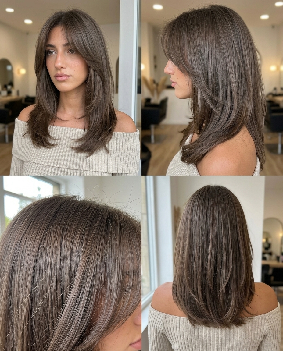 shoulder-length layered kitty cut in cool ash brown with taupe lowlights, face-framing layers — sophisticated modern daily