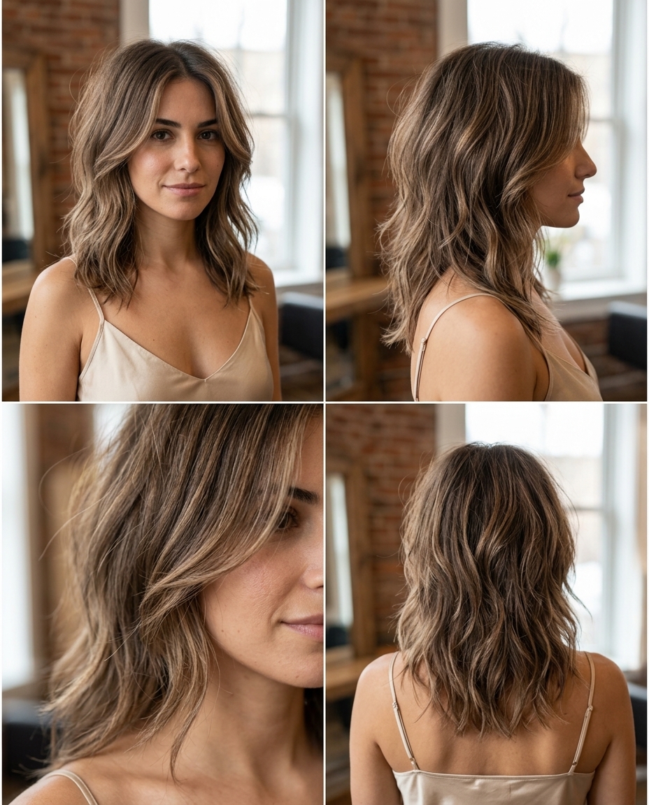shoulder-length ash brown wolf cut with caramel babylights and soft layers