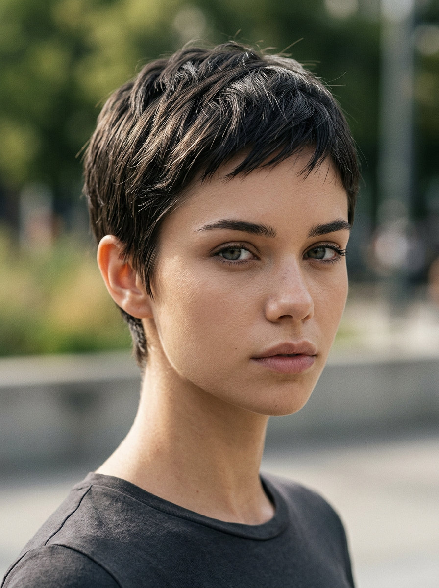 very short pixie haircut in cool ash brown with micro-highlights and micro-fringe for edgy events
