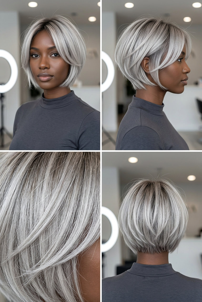 short bixie haircut with ashy silver blonde, cool pearl, shadow root for summer