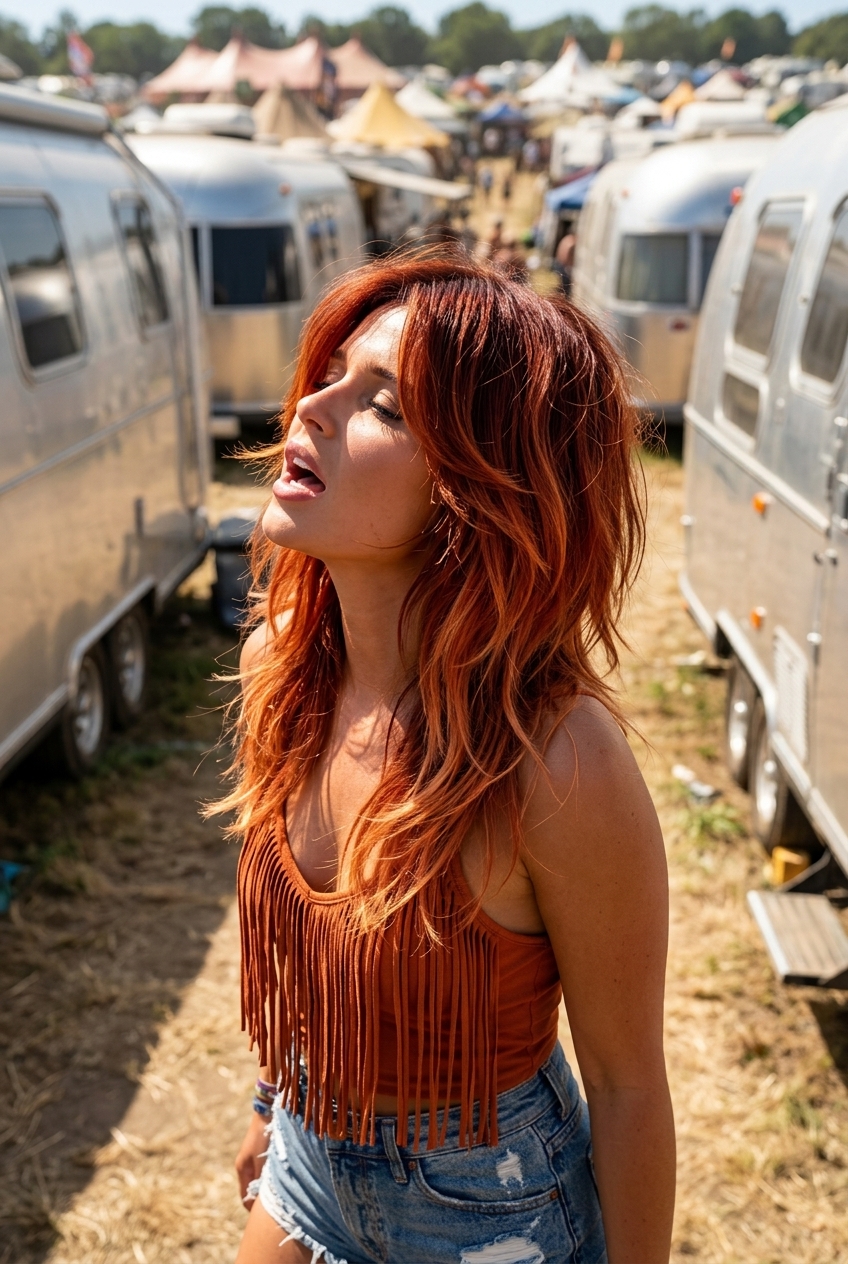 medium wolf cut with auburn & fiery copper ombré, balayage, wispy curtain fringe — summer festival