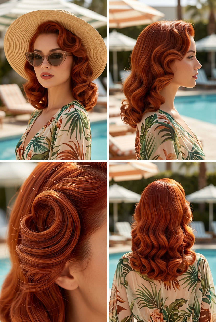 long auburn sculpted waves with uniform pattern, no fringe — retro glamorous event