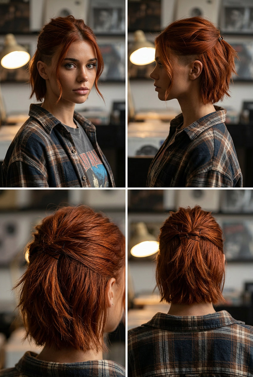 short textured crop auburn half up with clipper faded sides, piecey texture, integrated fringe — playful casual look