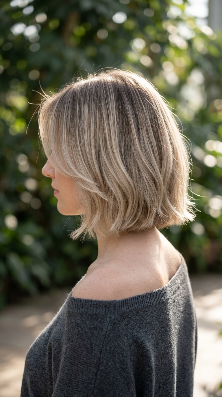 chin-length bob haircut with cool beige blonde and ash brown root shadow for summer