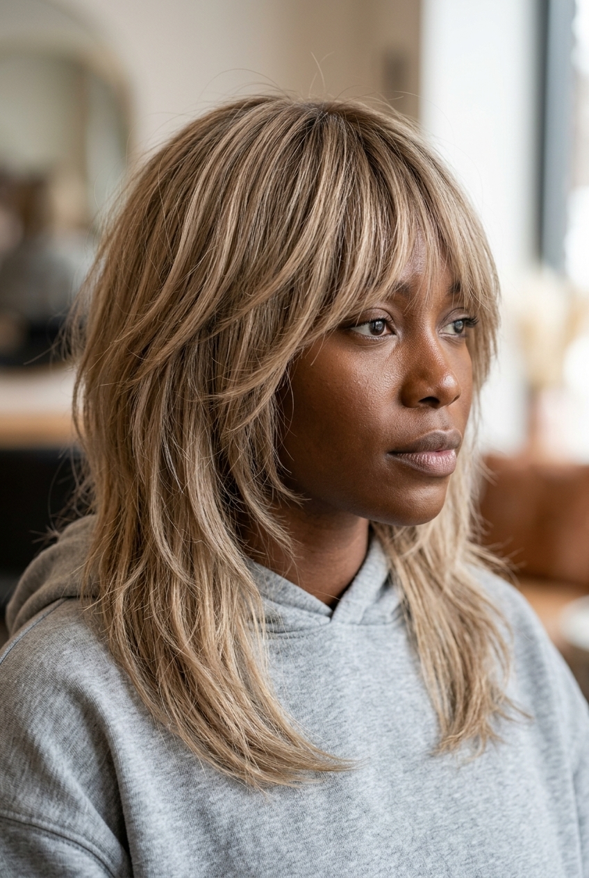 long shag haircut in neutral beige blonde with soft razored layers and wispy fringe for weekend