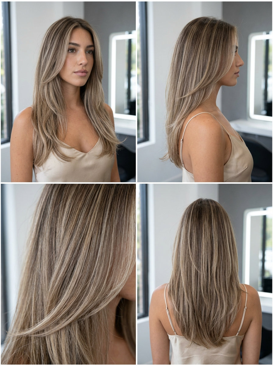 long layered haircut with cool beige & natural brown base, teasylights, subtle V-cut back — effortless daily
