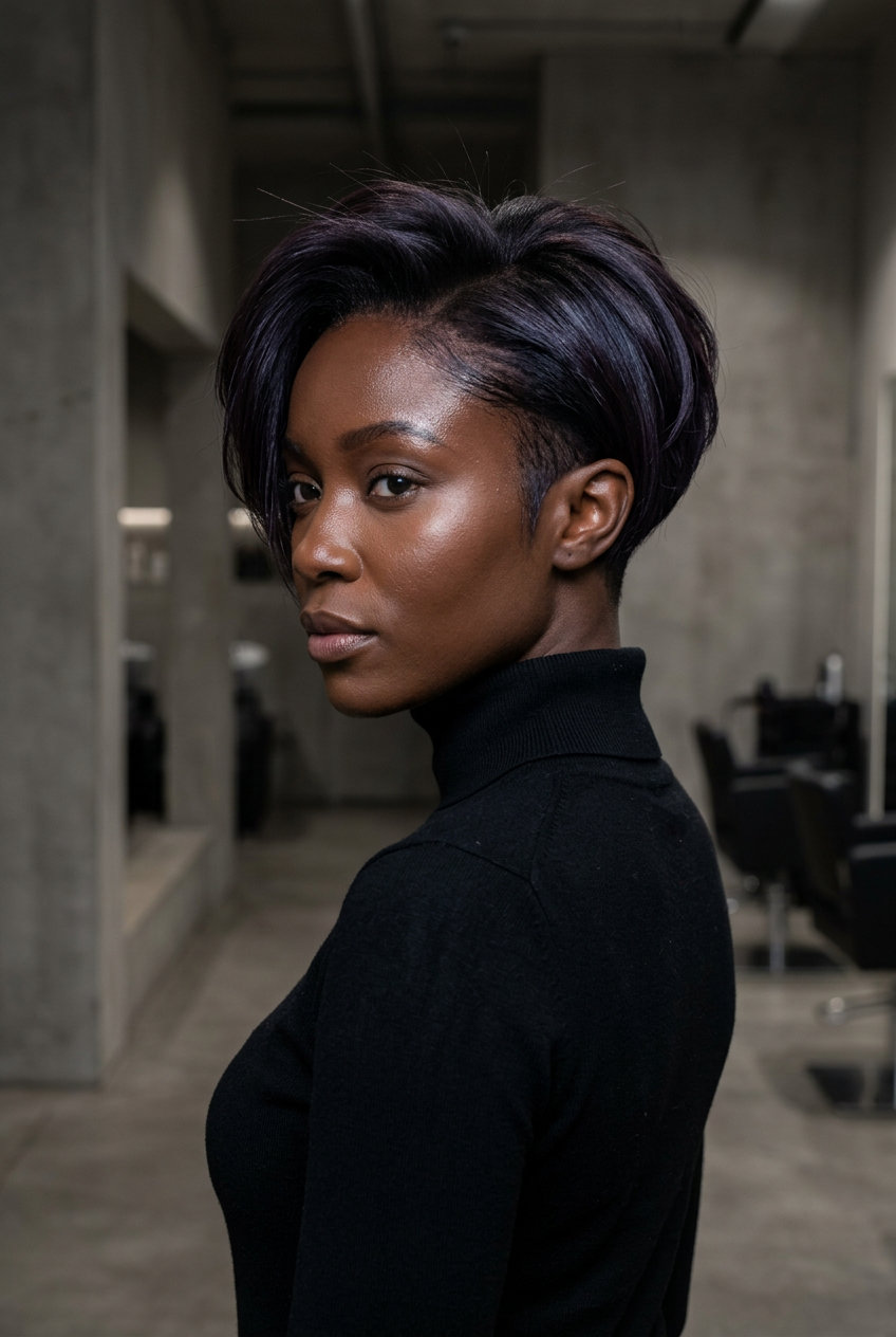 short black cherry espresso pixie haircut with sculpted waves and undercut — edgy music festival