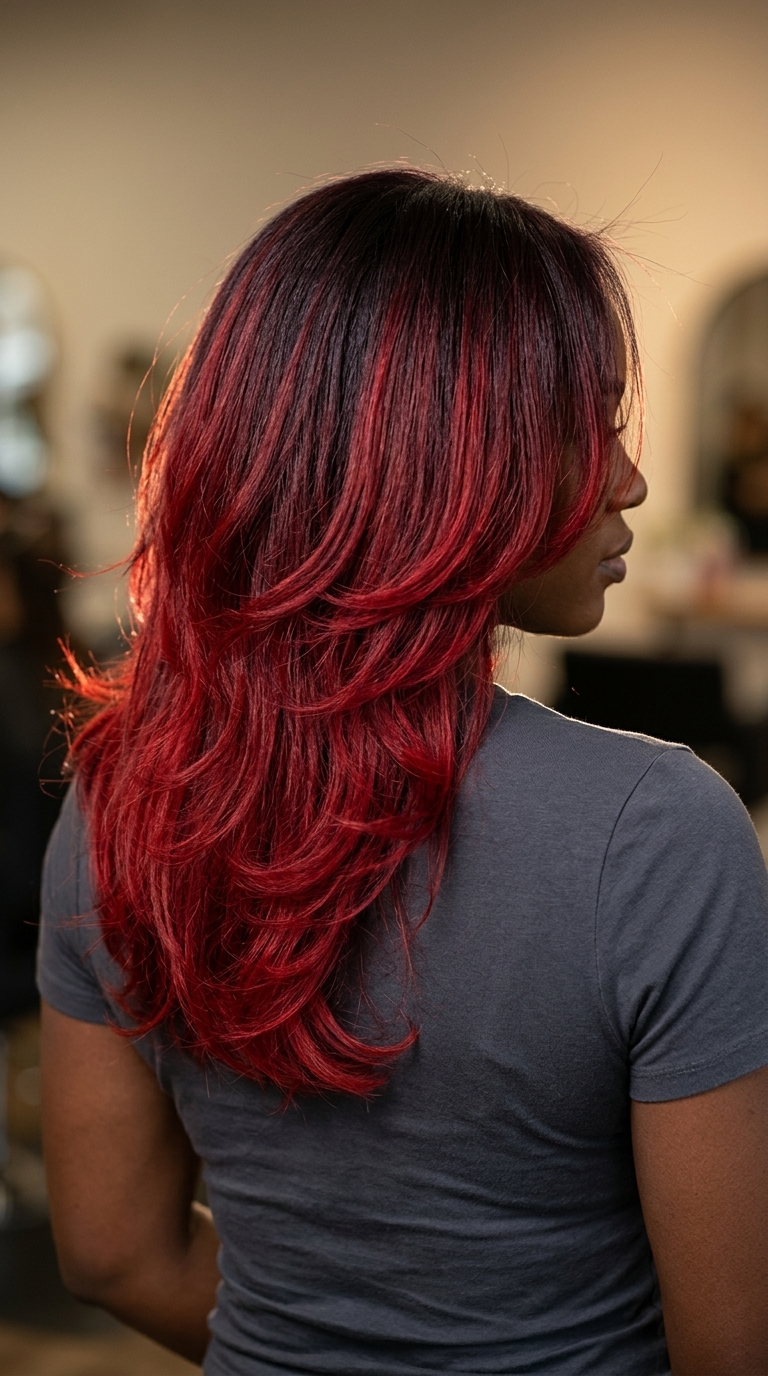 long black cherry to fizzy red ombre with vivid melt, bold layers for summer