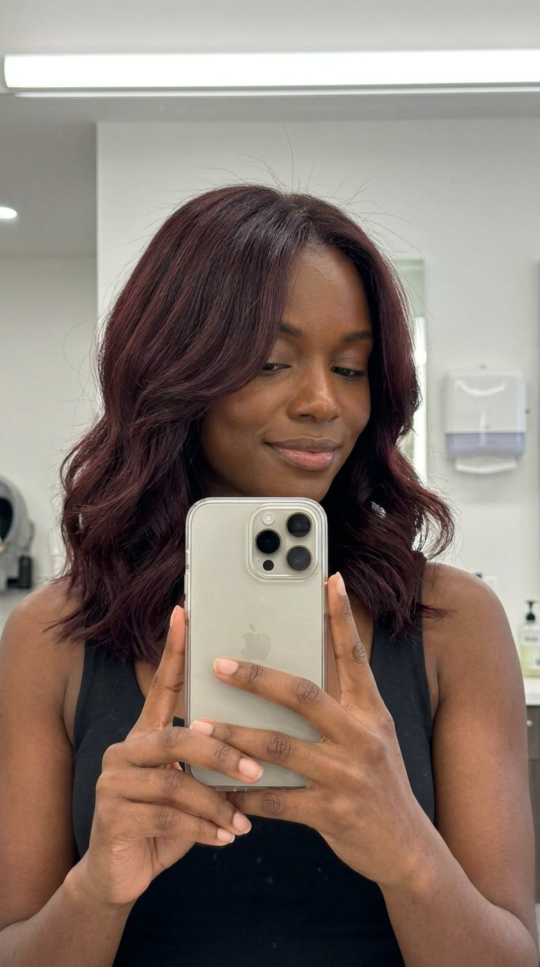 long dimensional espresso brunette hair color with red-violet undertones, permanent color, voluminous waves — dramatic evening event