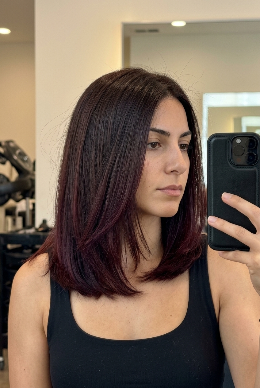Black Cherry Dip-Dye on Brunette 2026 long layered deep chocolate with black cherry dip-dye ends, bold burgundy for edgy expression