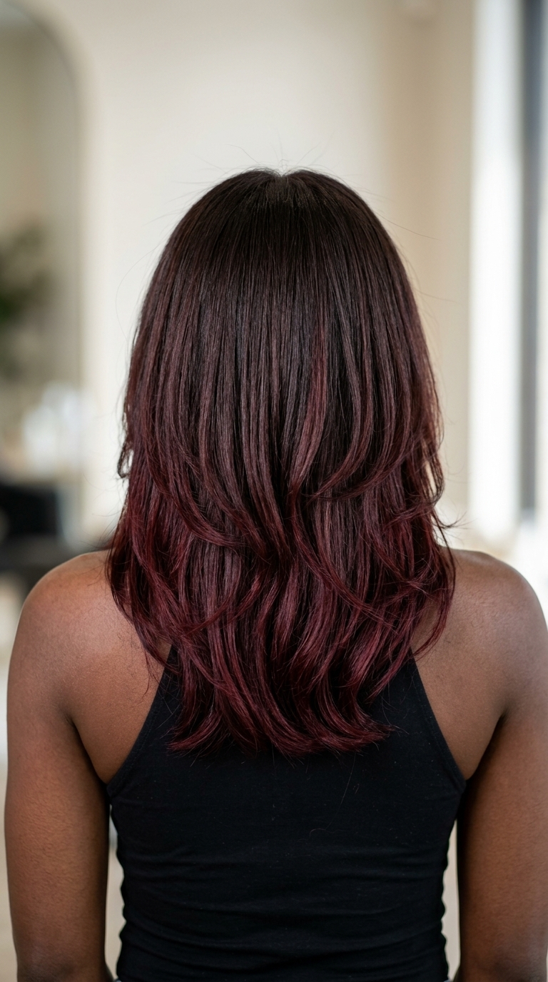 Black Cherry Glazed Ends on Brunette 2026 long layered deep chocolate with black cherry glazed ends, subtle red-violet for romantic glamour