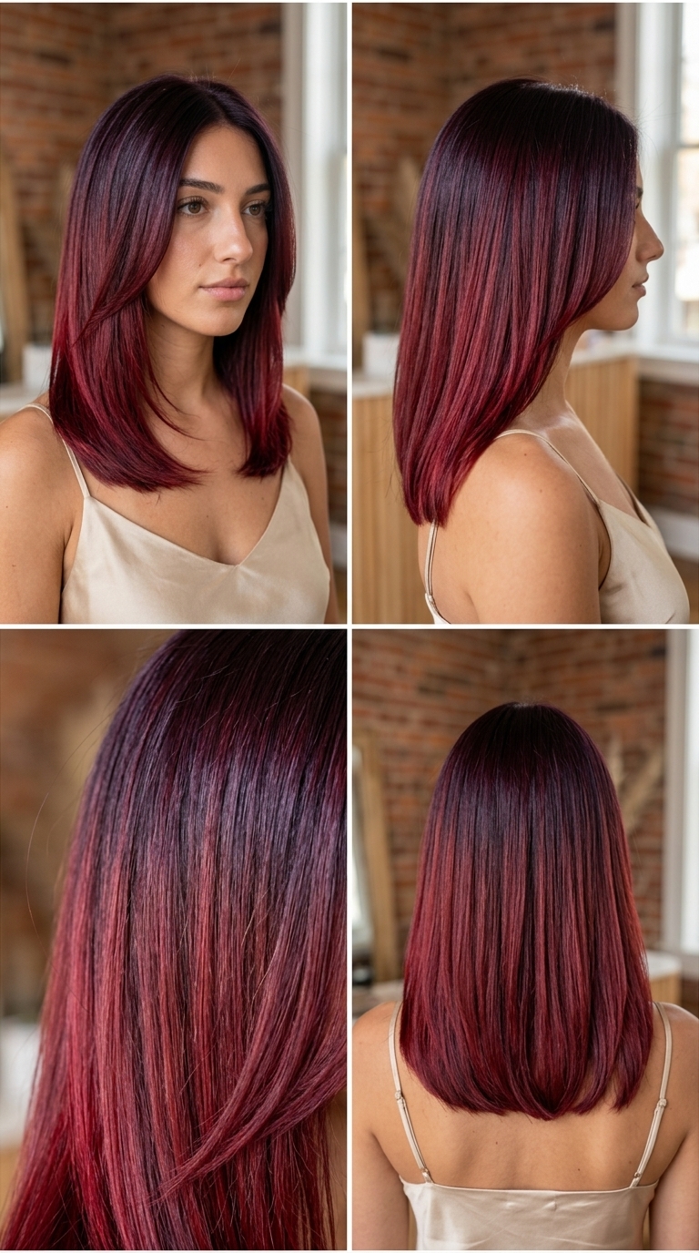 long cascading layers black cherry color melt with deep black cherry, crimson red blend, mysterious mood