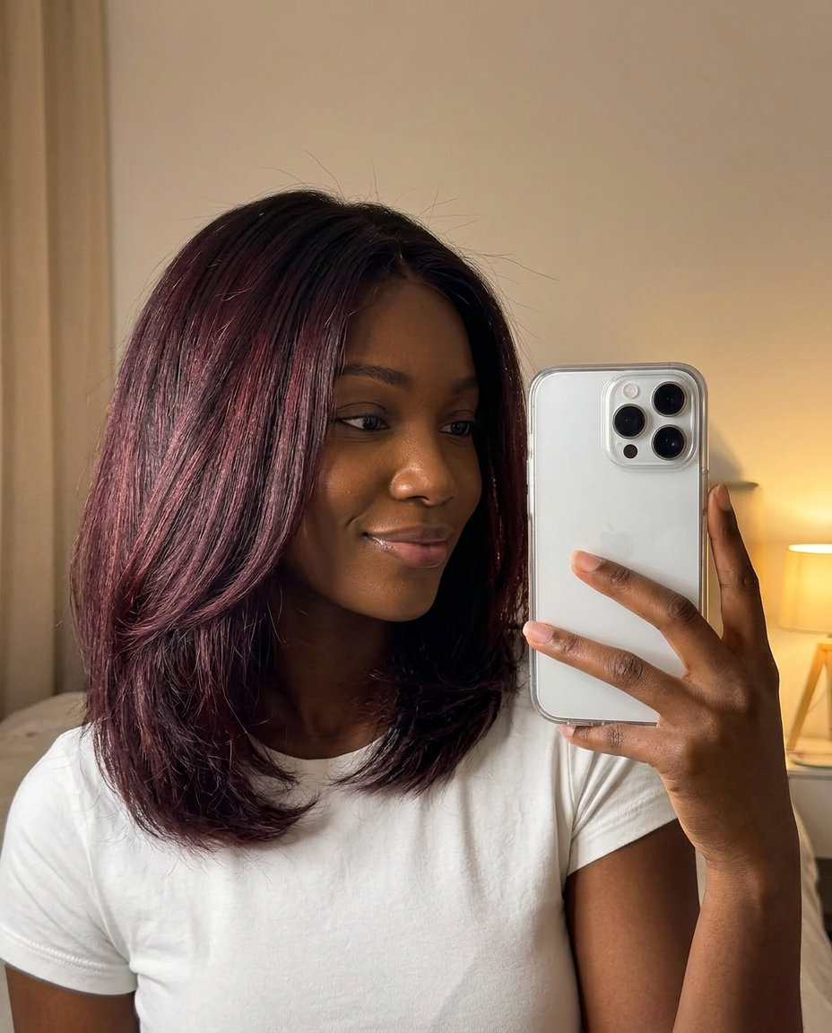 long black cherry haircut with rich plum, root smudge, no fringe — luxurious summer look