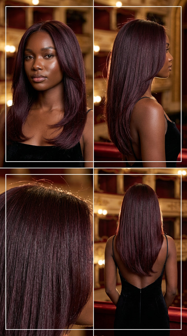 long black cherry silk press with plum undertones, heat-styled natural hair for formal events