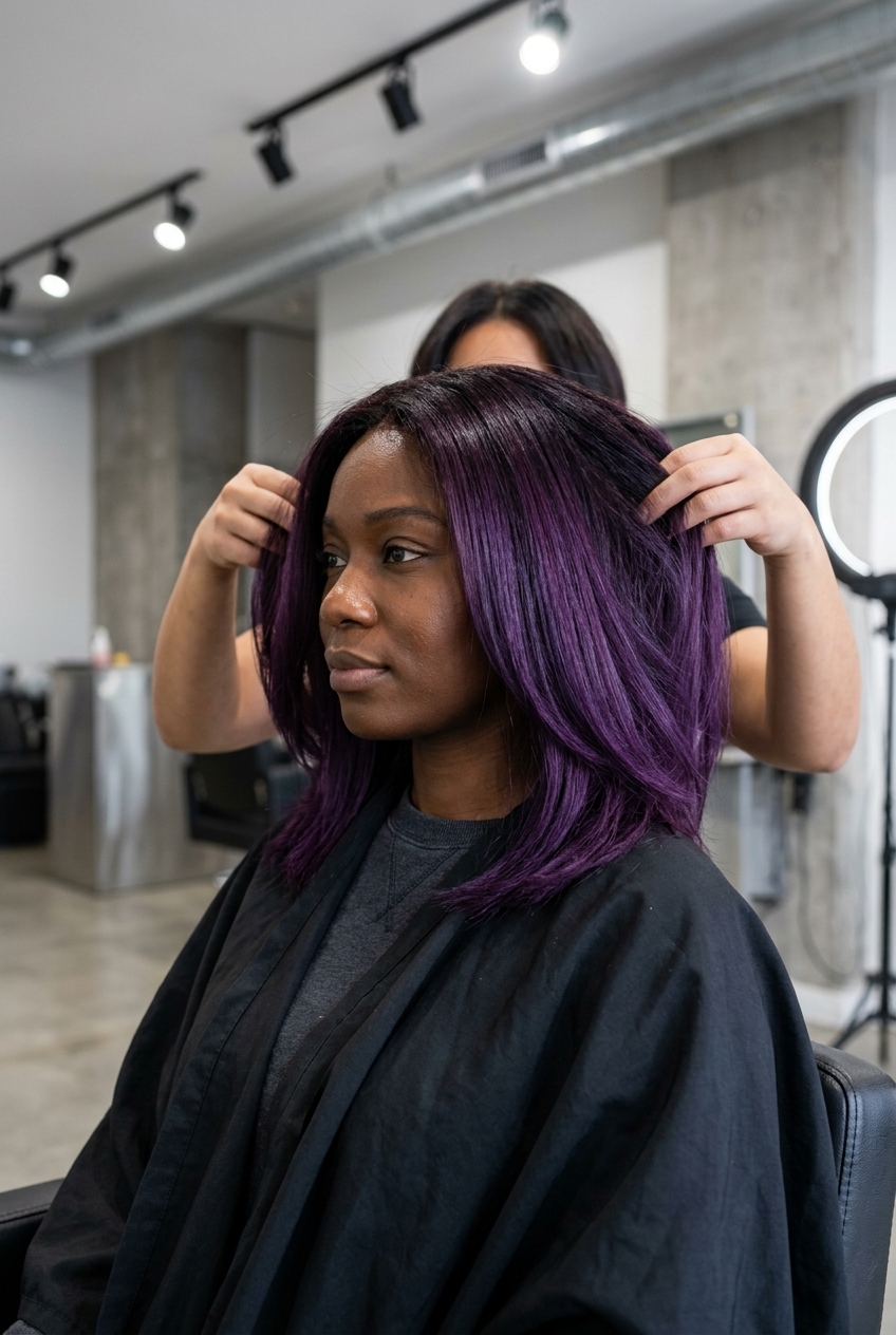 long black cherry to violet ombre with plum tones, edgy color melt for festivals