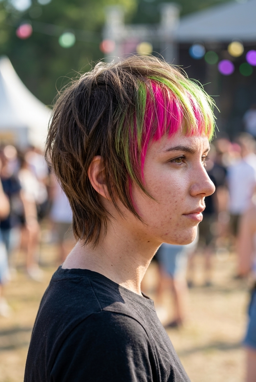 very short wolf pixie with raven black & electric green money pieces, razored texture, micro-fringe — edgy