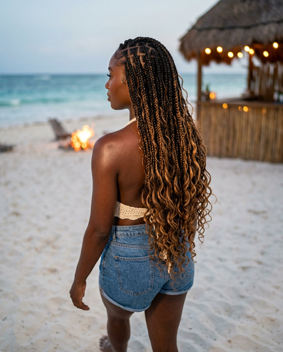 long goddess braids natural black hair with honey brown curls, knotless technique — bohemian festival look
