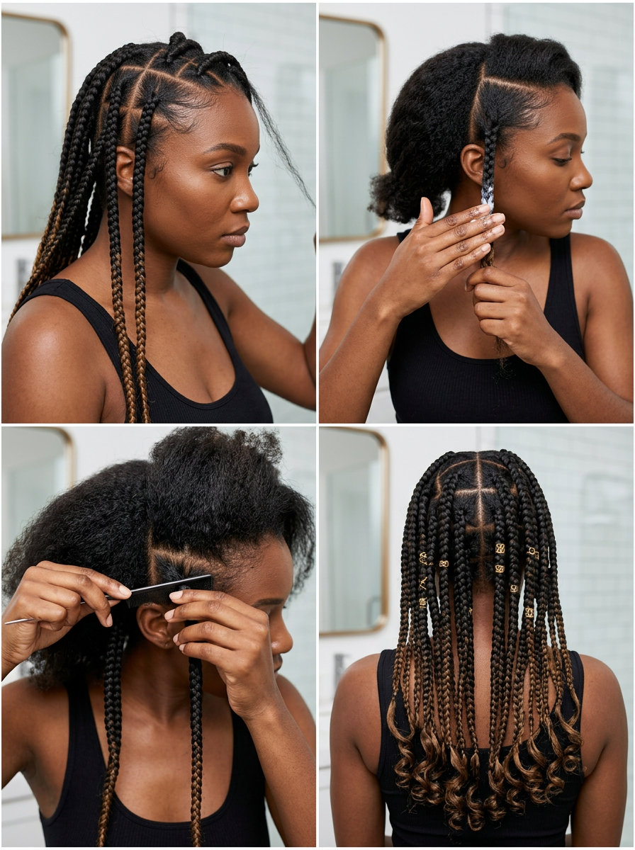 long knotless braids natural black hair with honey ombre, sculpted parting — artistic vacation style