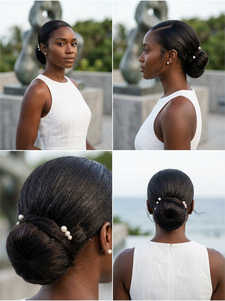 long black hair with glossy sheen for sleek pearl-adorned low bun