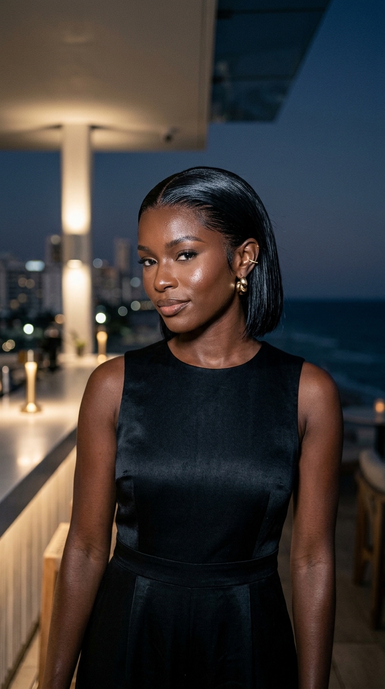 short sleek crop haircut in deep black with high shine, slicked-back finish for professional evening event