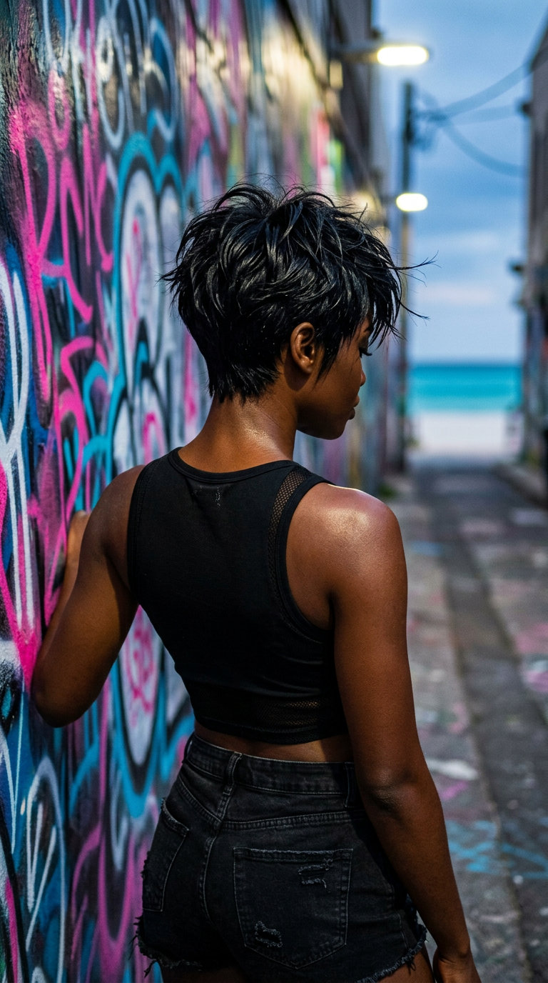 short sculpted pixie haircut in deep black with blue undertones and high gloss, textured layers for bold night out