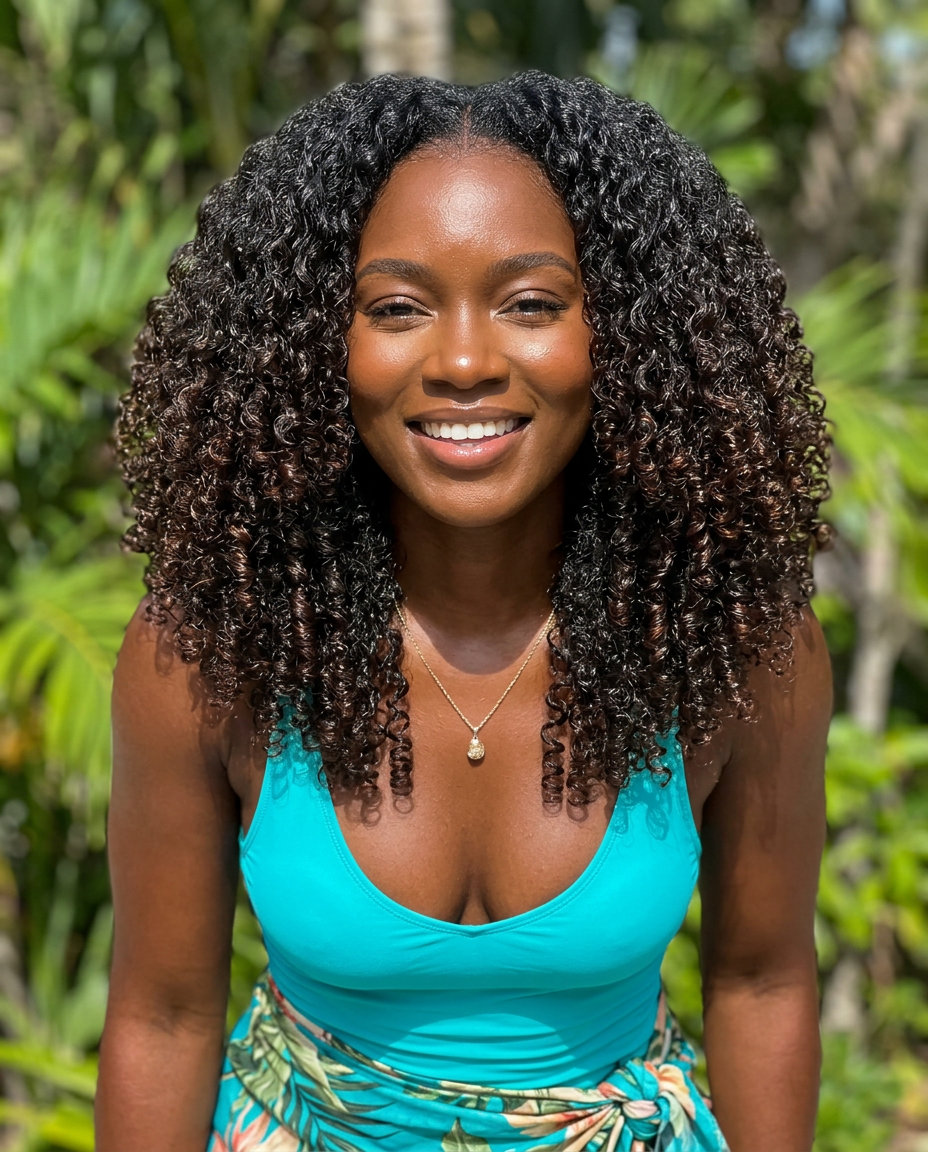 shoulder-length natural black hair with clear gloss, point-cut curls — radiant vacation style