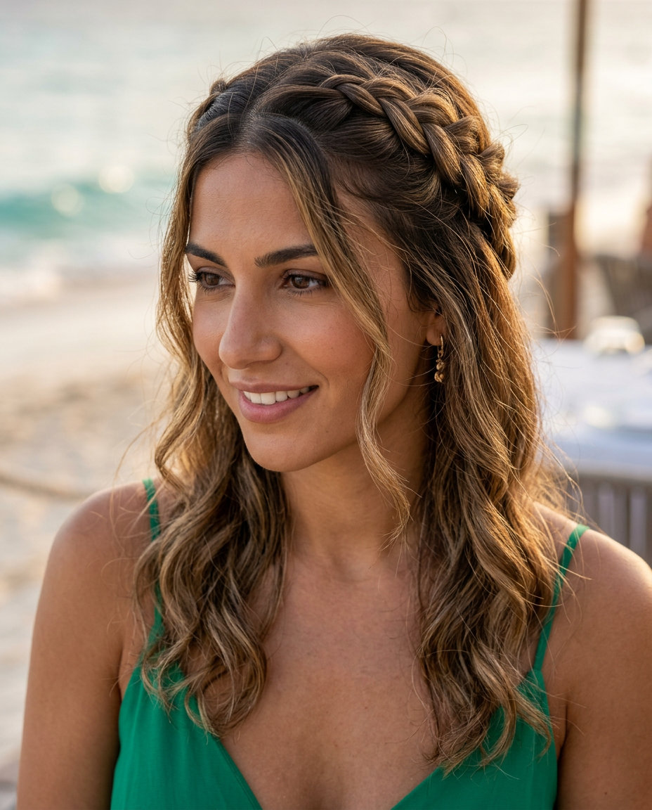 long multi-tonal blonde wavy braided crown with loose waves for garden parties