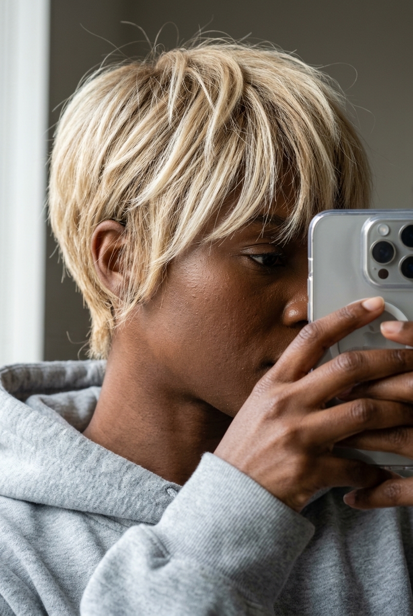 short blonde crop with creamy highlights, subtle balayage, textured bangs — edgy