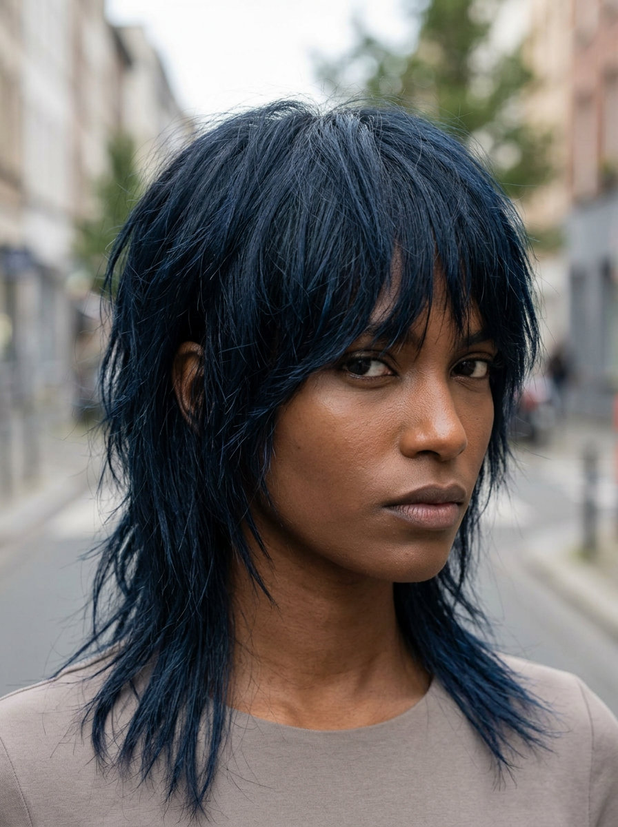 Midnight Blue-Black Mullet Shag 2026 long choppy summer modern mullet haircut 2026 with midnight blue-black, razored shag, eyebrow-grazing bangs — bold & dramatic