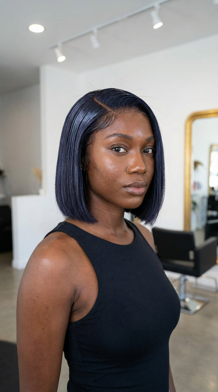 short midnight bob haircut in blue-black with high gloss, blunt perimeter for edgy look