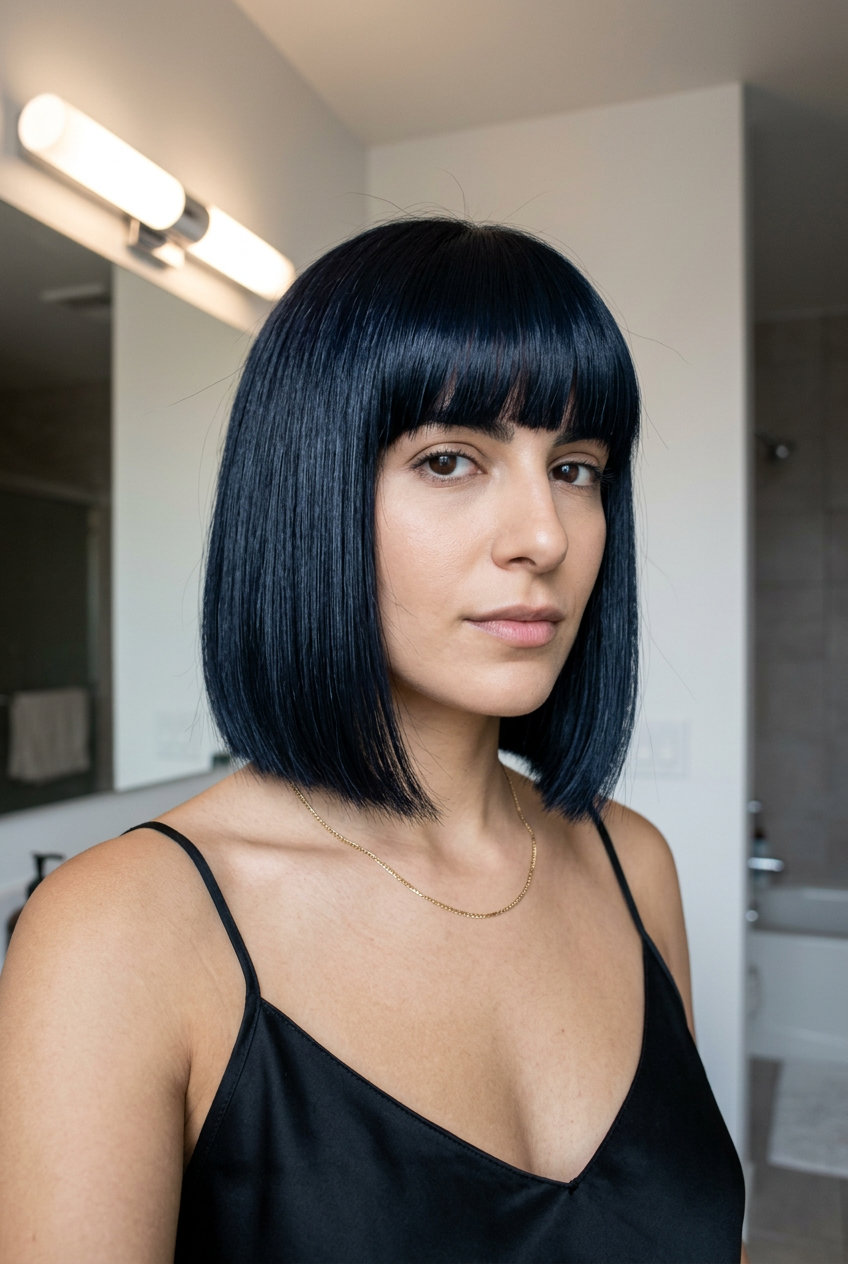 short blunt bob haircut with deep blue-black color, precise perimeter, and blunt fringe for professional events