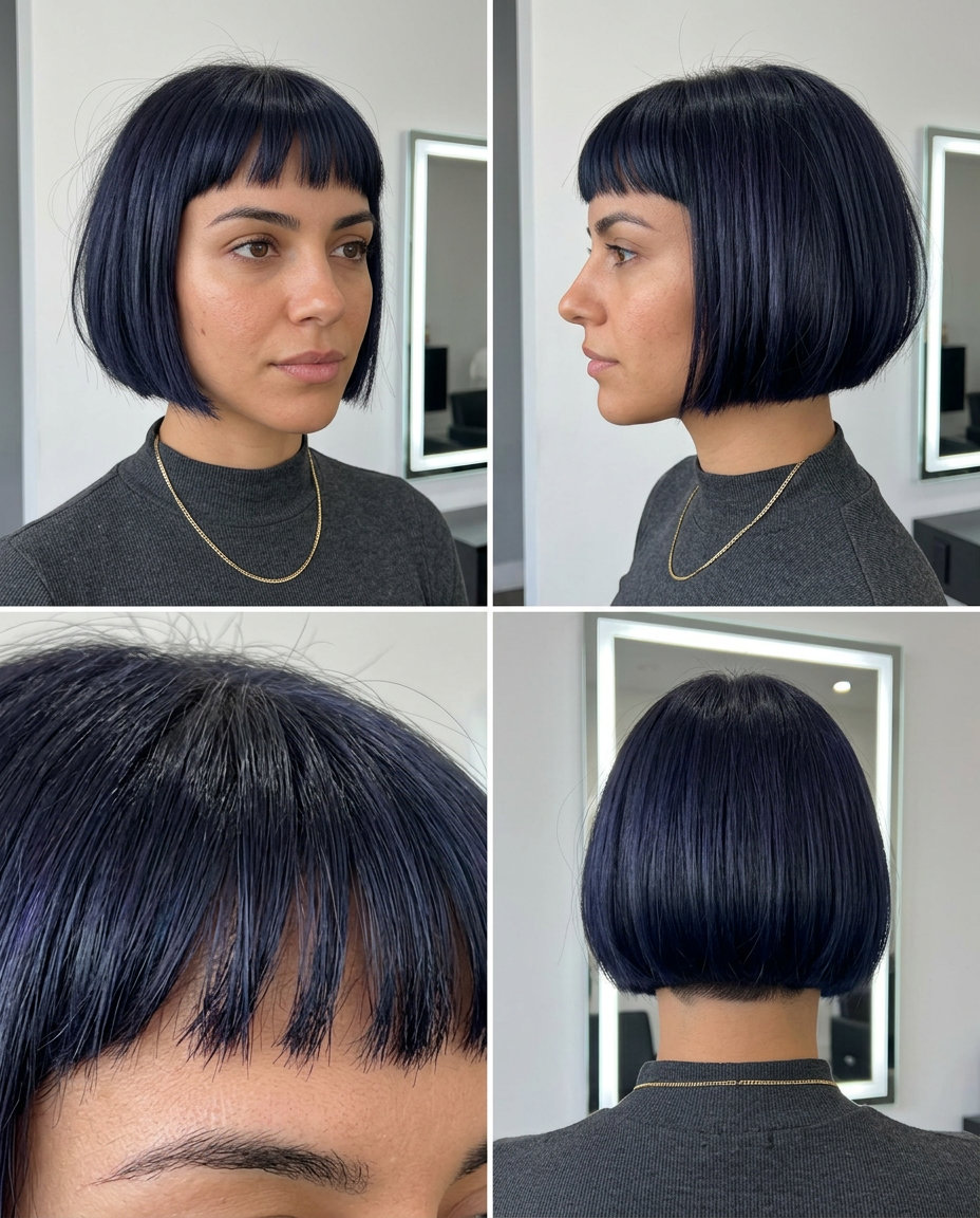 short french bob with deep blue-black color and micro-fringe — edgy, avant-garde