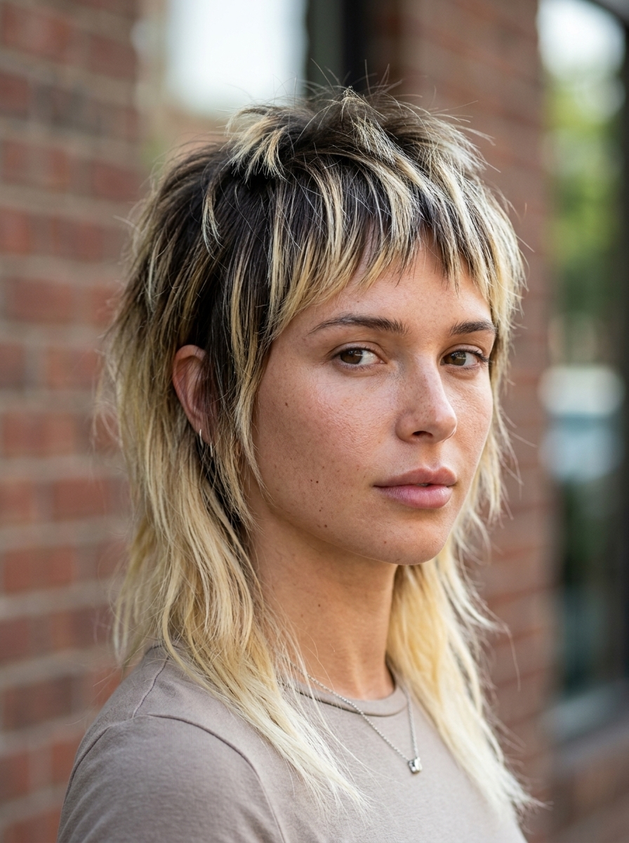 Grunge Glam Mullet 2026: Edgy Blue Ombré short choppy mullet with deep blue-black to electric blue ombré, razored layers, micro-fringe — bold music festival look