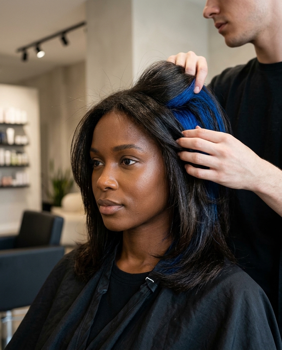 short undercut electric blue underneath peekaboo with natural dark base, internal highlighting, edgy mood