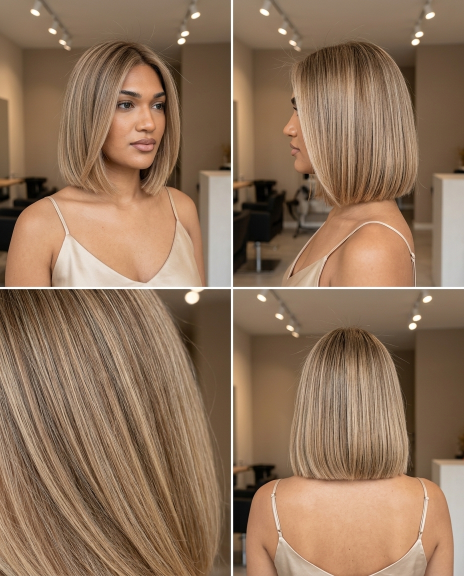 chin-length bronde bob with sandy blonde highlights, teasylights, no bangs — effortless