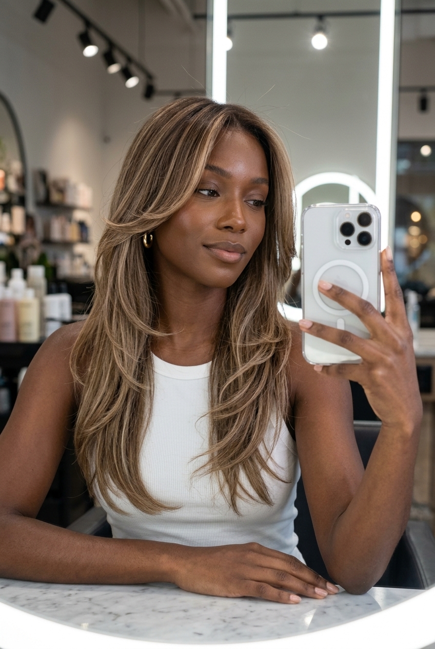 long layered haircut with iced chai & brunette base, soft root smudge, C-shape layers — sophisticated office