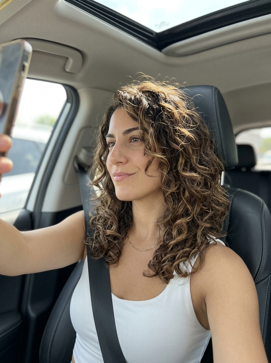 medium curly haircut in deep brown with honey & caramel highlights, voluminous layers, chin-length face-framing — vibrant natural look