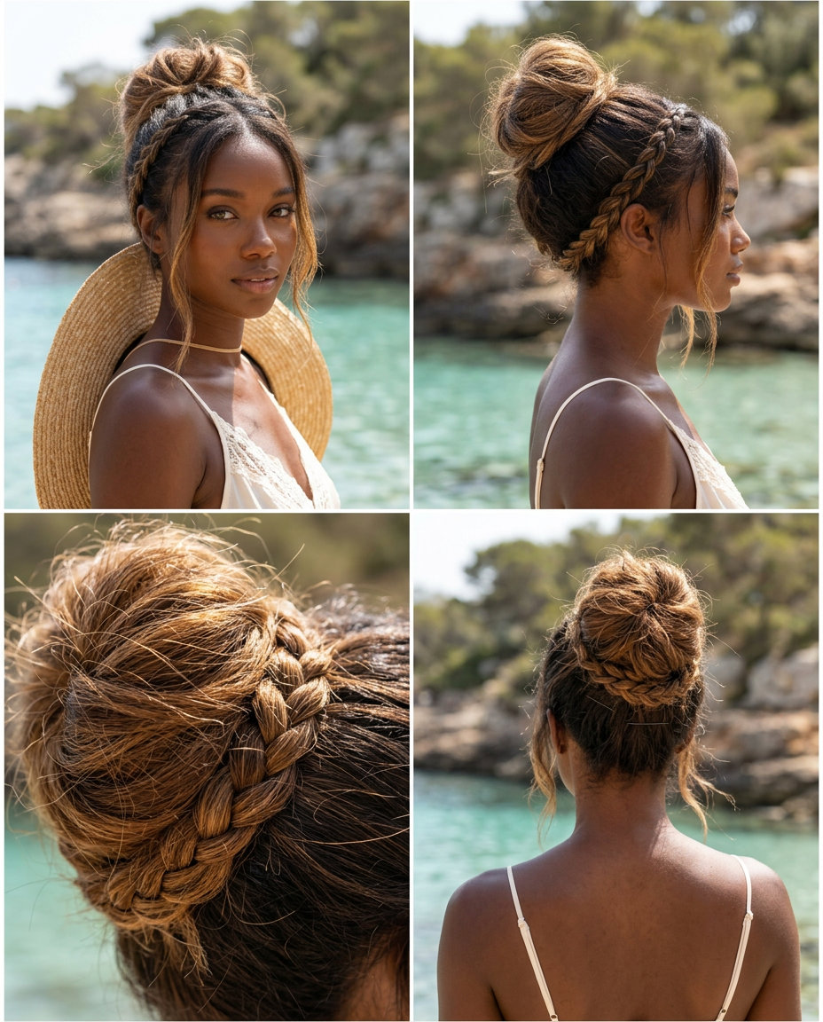 long brown messy bun with accent braid, no fringe — playful boho weekend