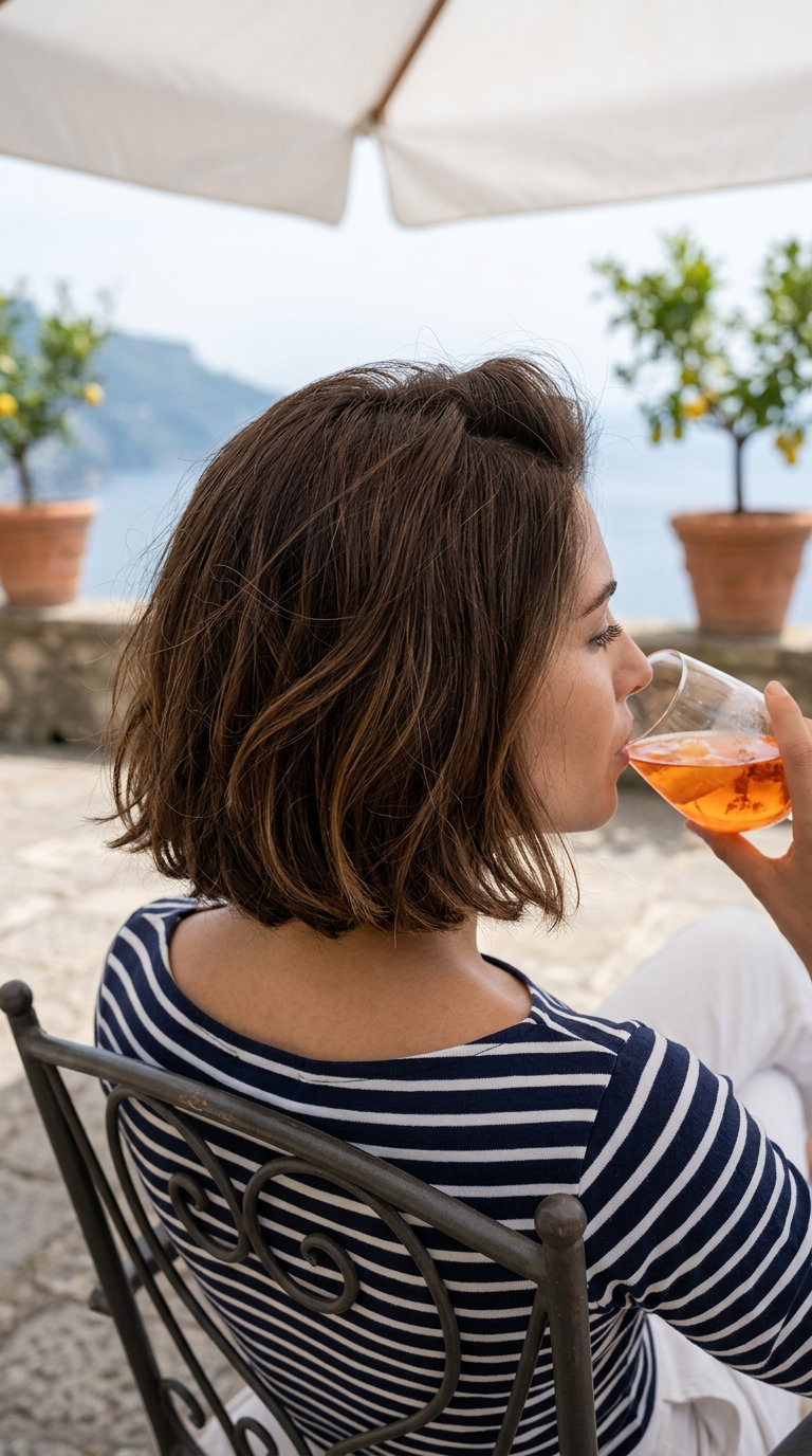chin-length italian bob with caramel lowlights, blunt perimeter and internal layers — playful chic style